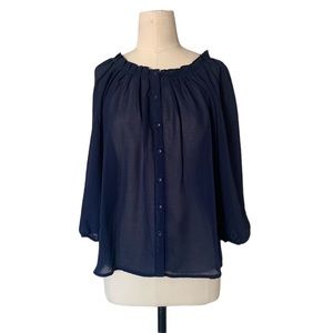 H&M Navy Blue Sheer Pleated Boatneck Blouse Size US2